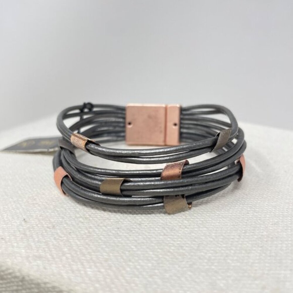 Leather & Copper Bracelet Multi-Strand Charcoal Gray Magnetic Closure Tres Chic